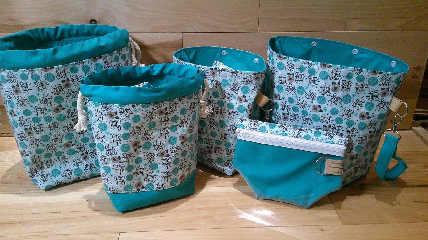 "I knit shit" ~ project bags