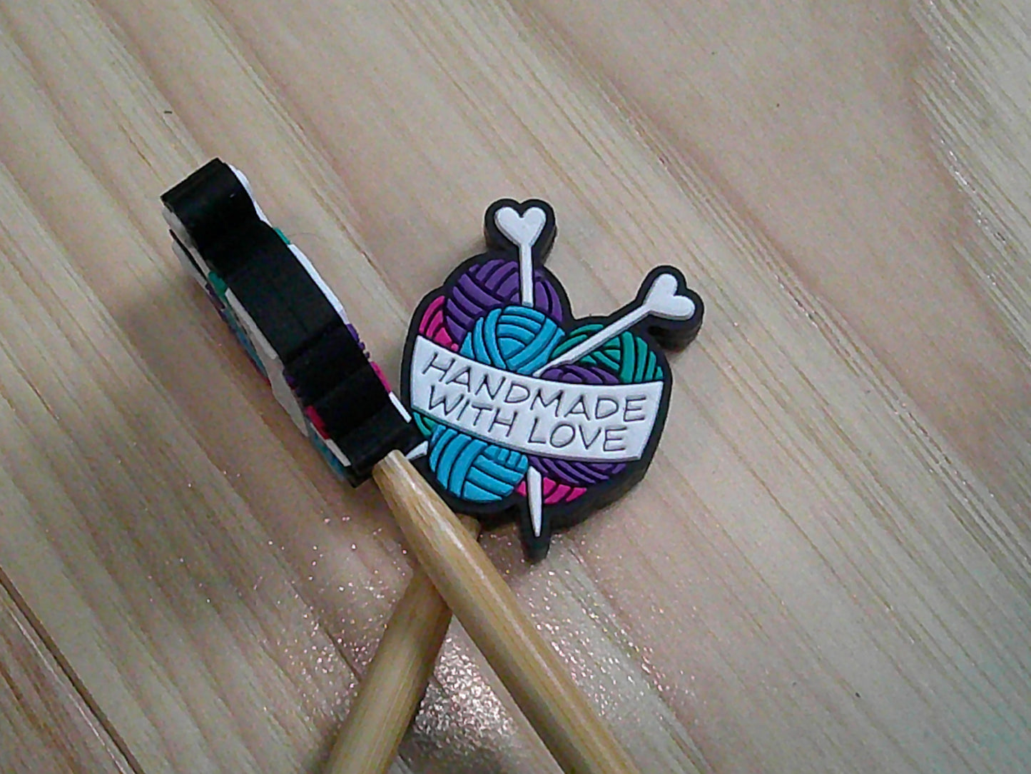 Yarn heart ball w/ knitting needles ~ stitch stoppers