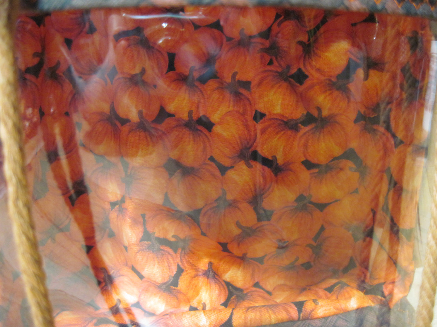 Medium Window Drawstring ~ w/ pumpkins in brown basket weave fabric project bag