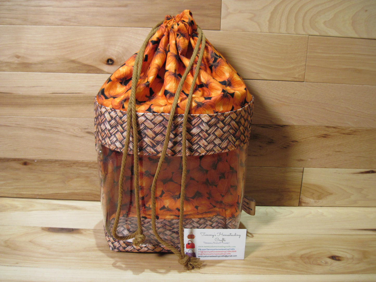 Medium Window Drawstring ~ w/ pumpkins & basket weave fabric project bag