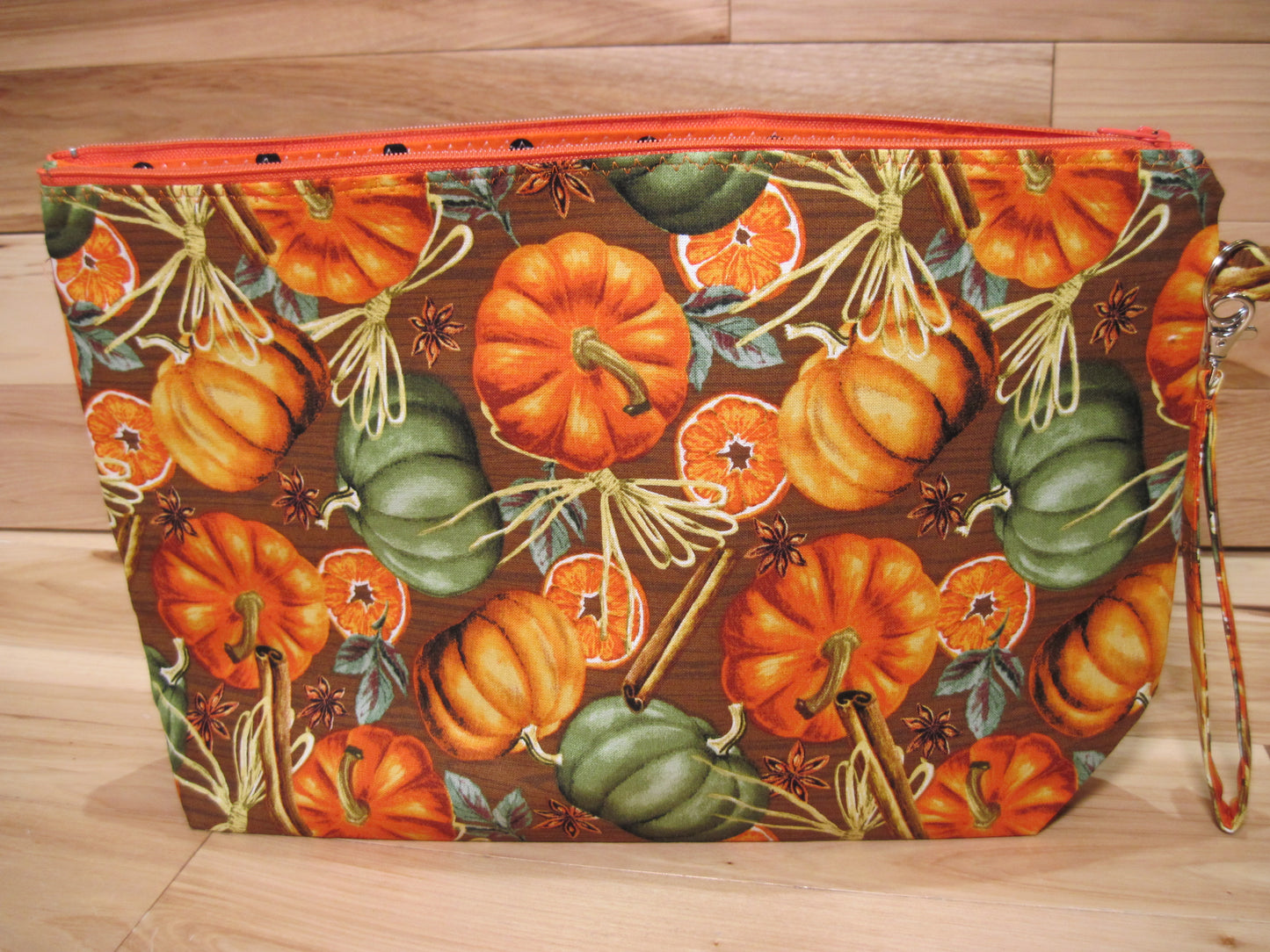 Large Project Bag Orange with Black Polka Dots and Pumpkins