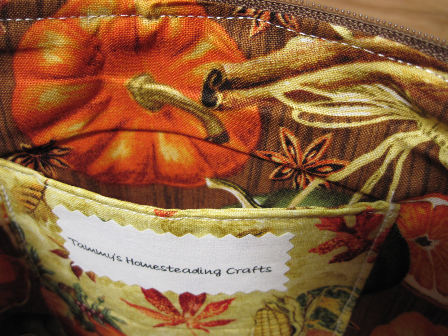 Medium Pumpkins & Leaves with inside pocket Project bag