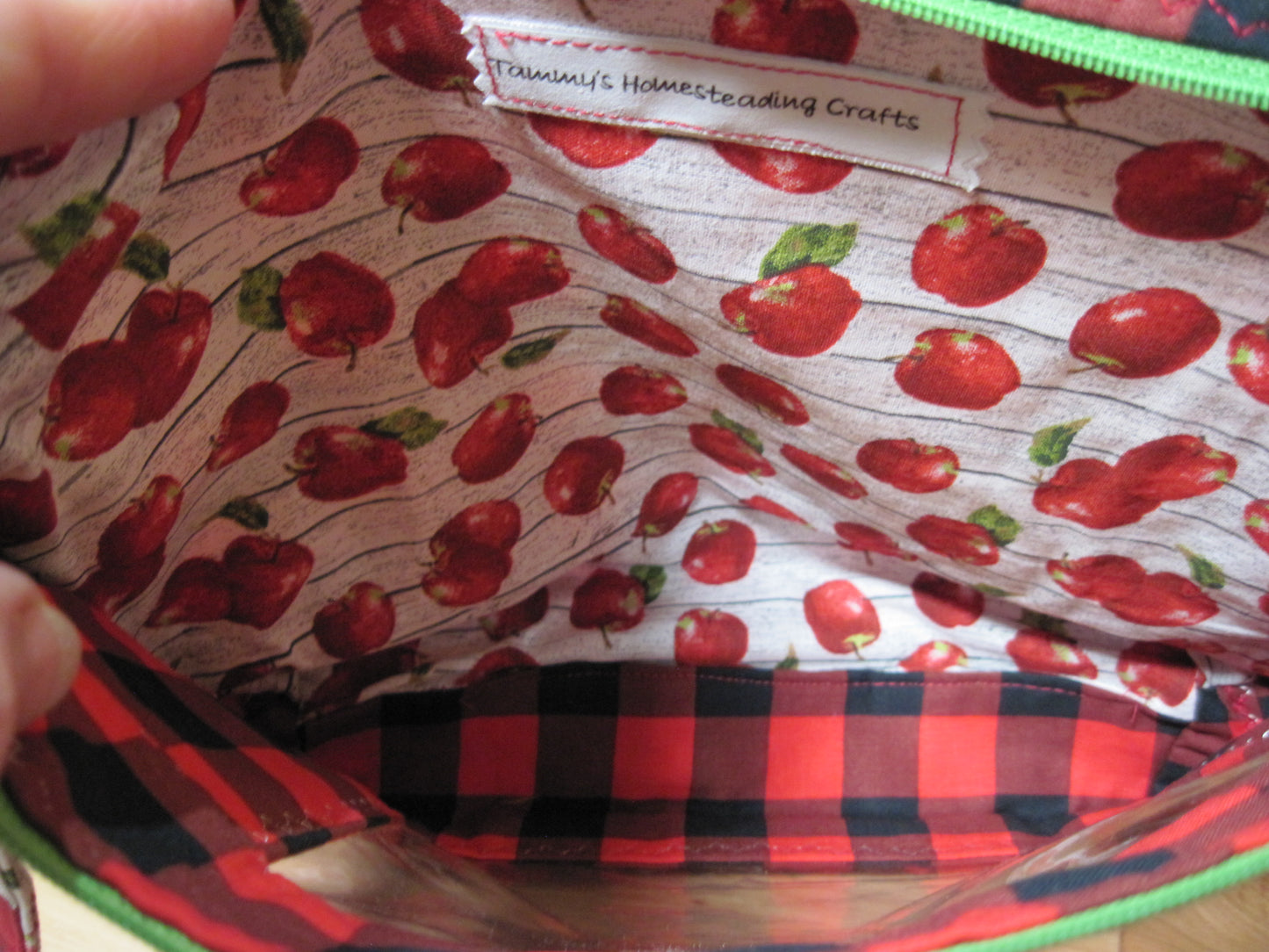 Medium Window Apple with Red/Black Plaid green zipper project bag