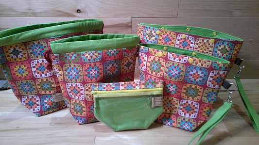 Red Granny Square w/ lime green ~ project bags