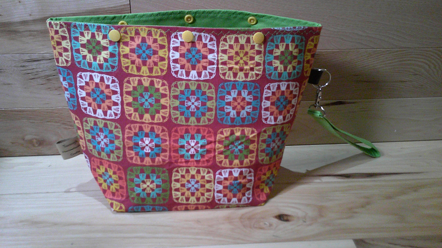 Red Granny Square w/ lime green ~ project bags