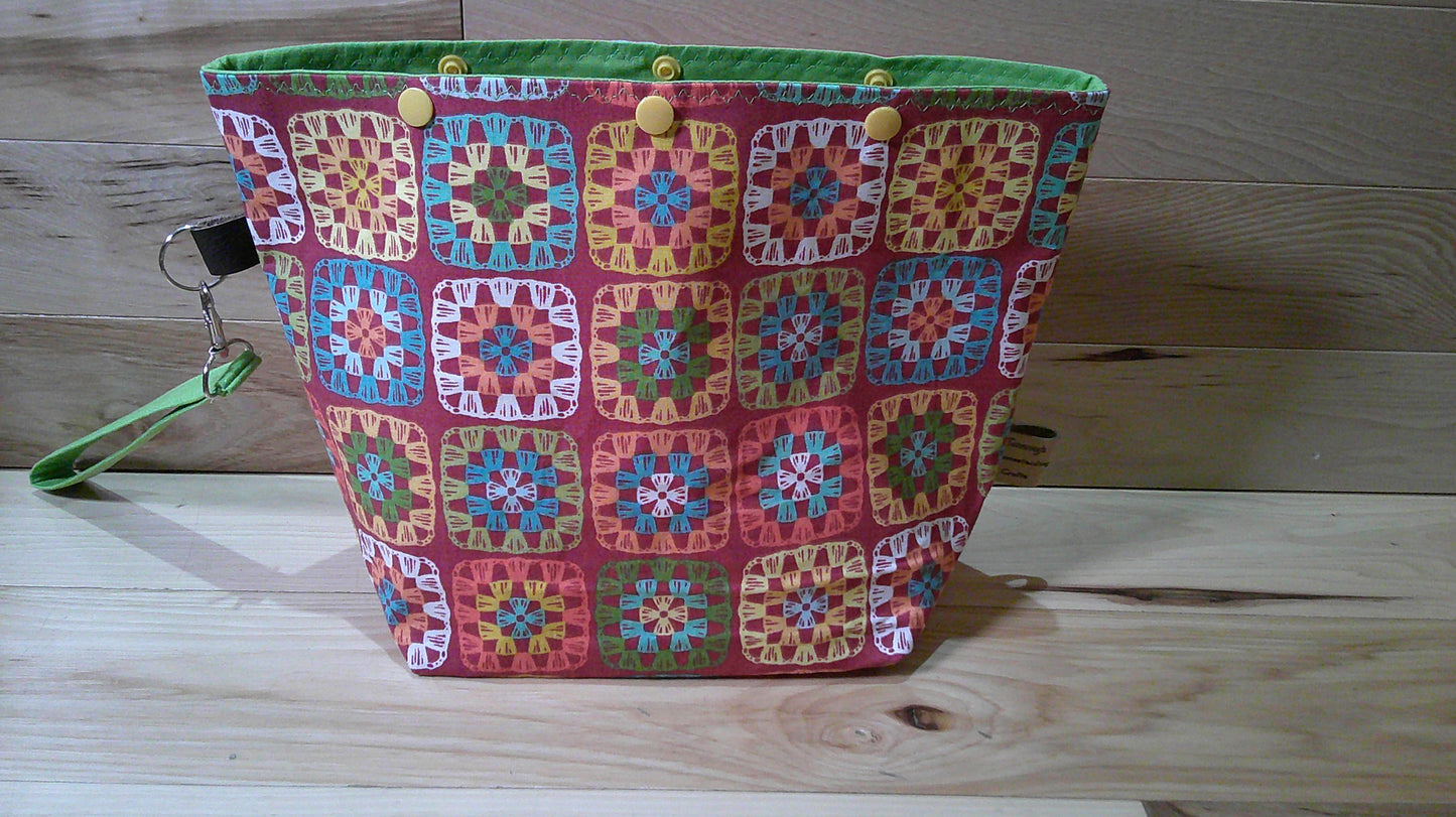 Red Granny Square w/ lime green ~ project bags