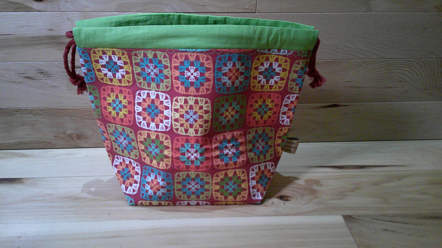 Red Granny Square w/ lime green ~ project bags