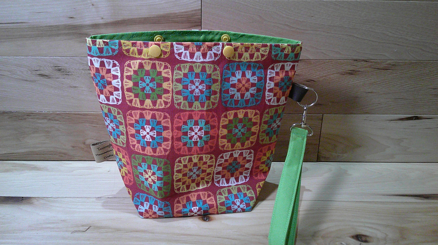 Red Granny Square w/ lime green ~ project bags