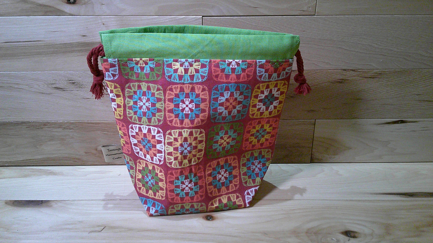 Red Granny Square w/ lime green ~ project bags