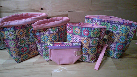 Purple Granny Square w/ pink ~ project bags