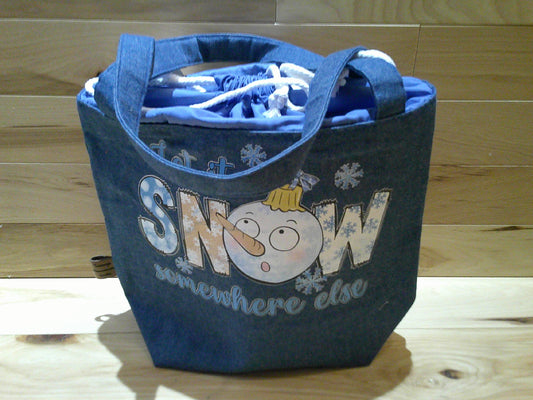Large " Let it snow somewhere else" w/ jean & snowman ~ Drawstring w/ handles & gusset project/tote bag