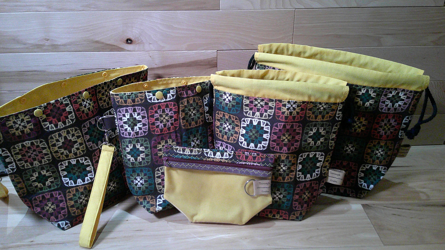 Black Granny Squares w/ yellow ~ project bags