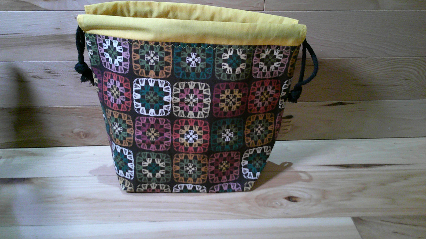 Black Granny Squares w/ yellow ~ project bags