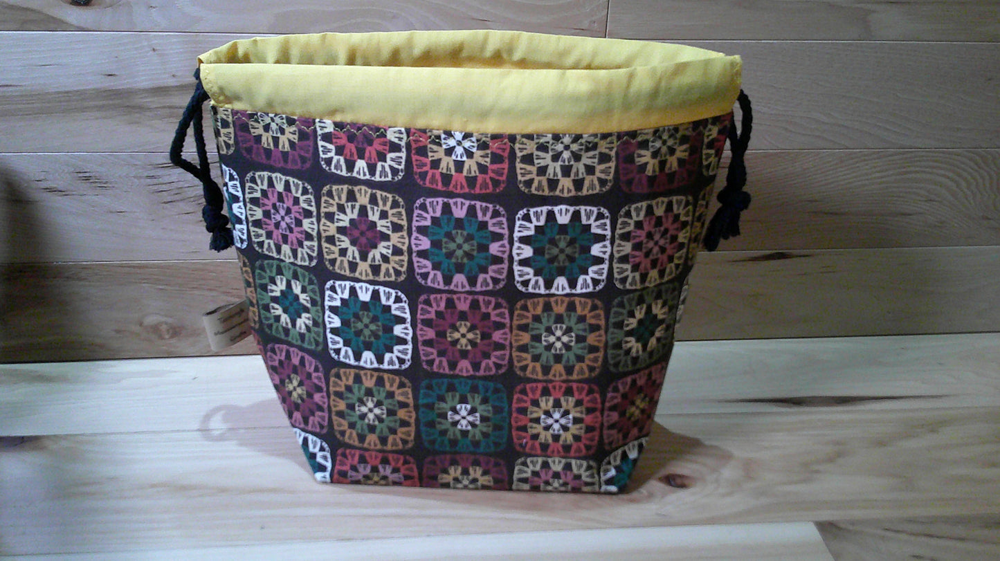 Black Granny Squares w/ yellow ~ project bags