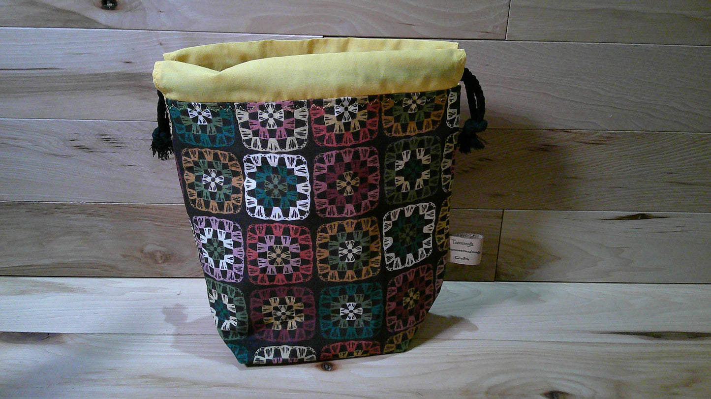 Black Granny Squares w/ yellow ~ project bags