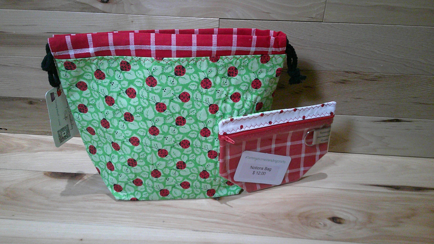 Lady Bug w/ red plaid ~ project bags