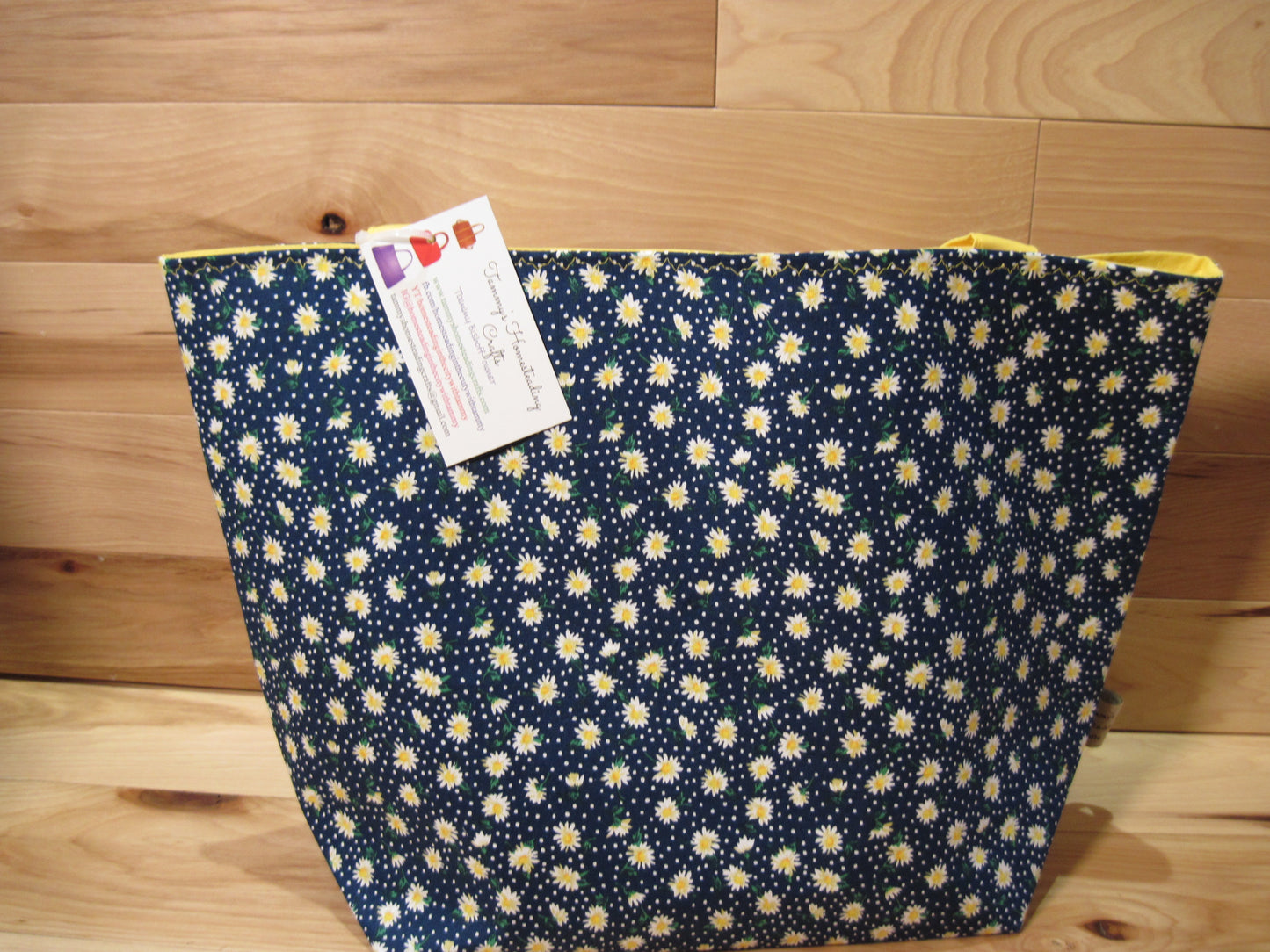 X-Large Tote Style bag ~ Blue w/ daisies, yellow & sewn handles