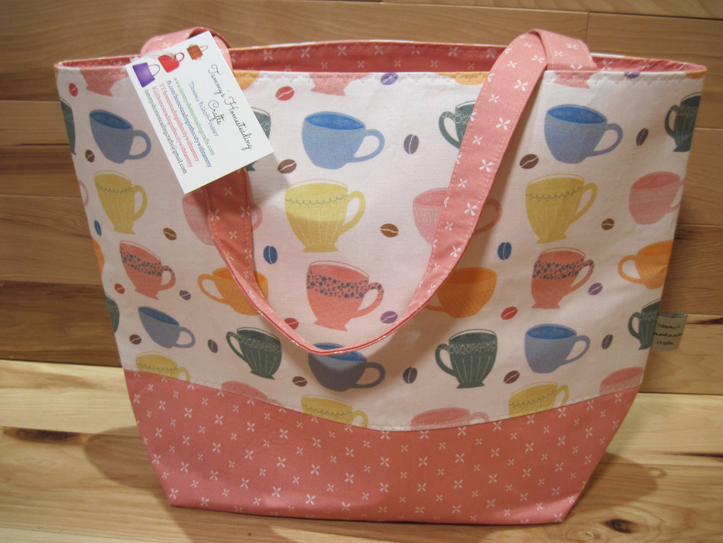 X-Large Tote Style Bag ~ Tea Cups w/ pink & sewn handles