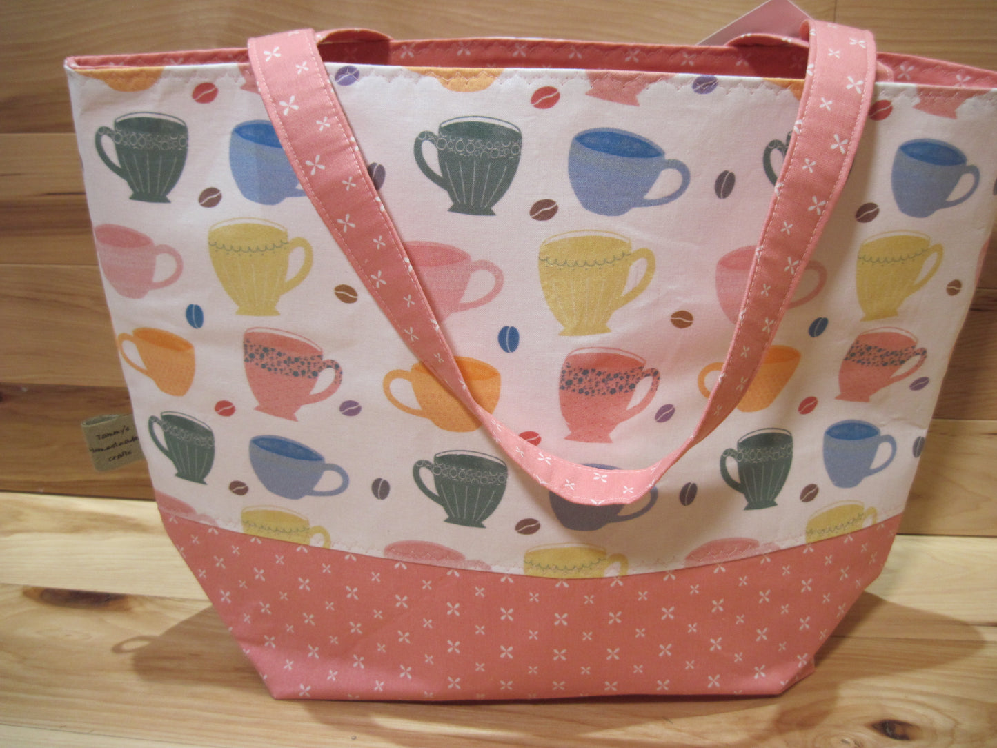 X-Large Tote Style Bag ~ Tea Cups w/ pink & sewn handles