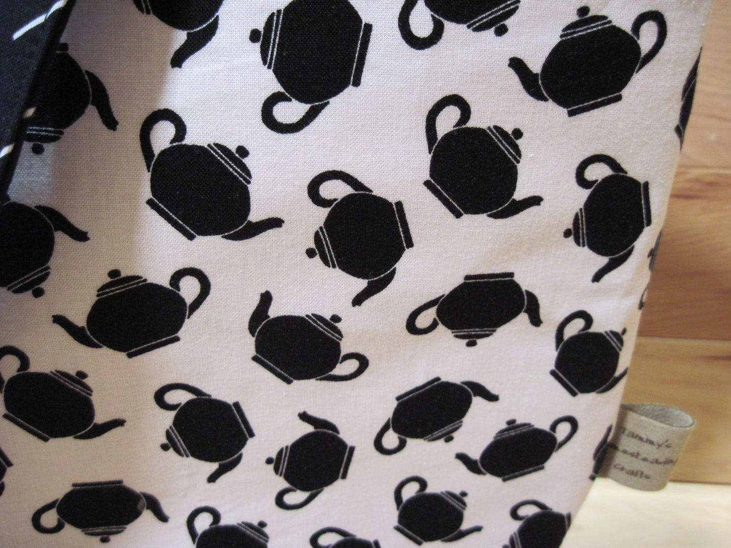 X- Large Tote Style Bag ~ White w/ Black Tea Pots ~ chevrons w/ sewn handles
