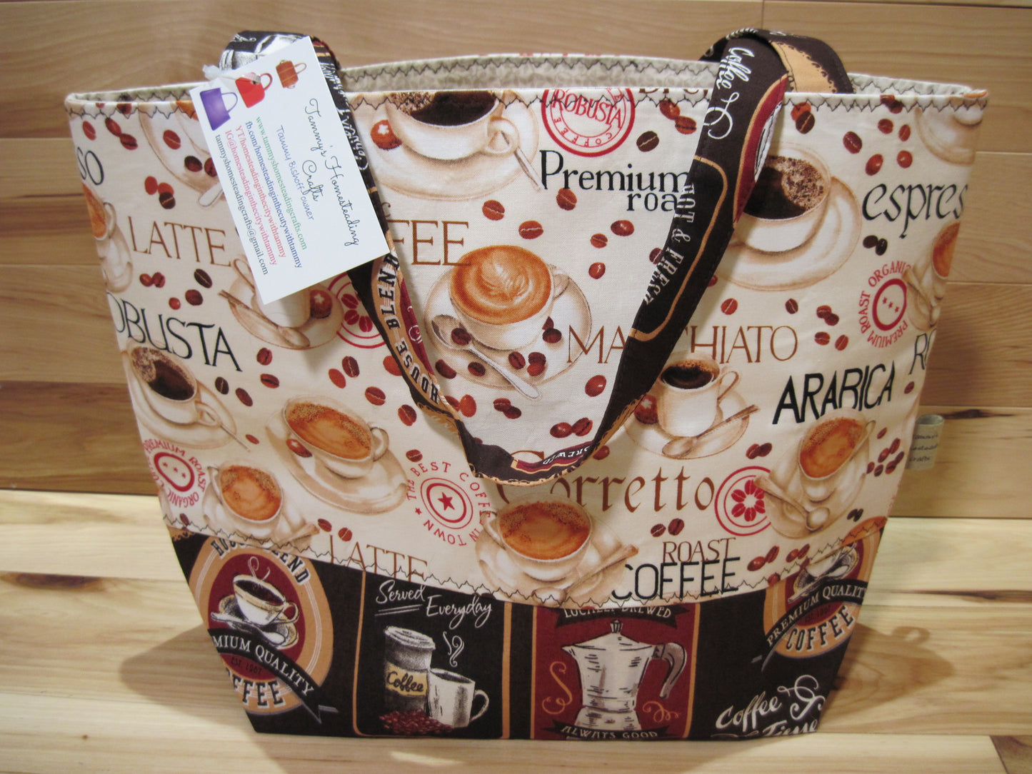 X-Large Tote Style Bag~ Coffee Flavors w/ vintage coffee pots & sewn handles