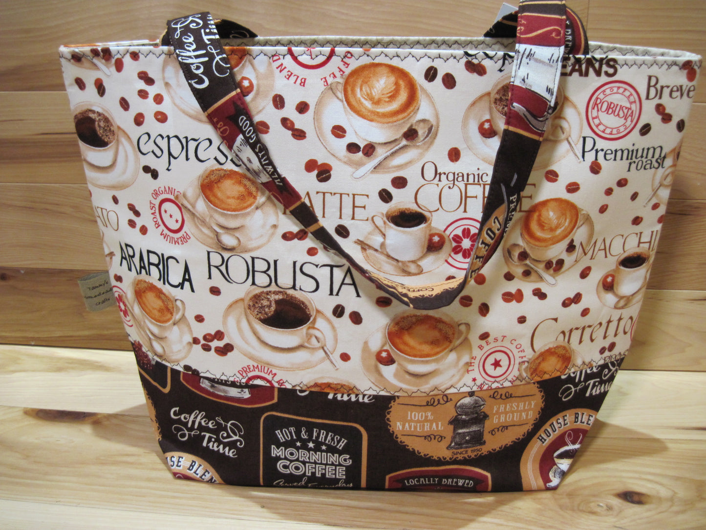 X-Large Tote Style Bag~ Coffee Flavors w/ vintage coffee pots & sewn handles