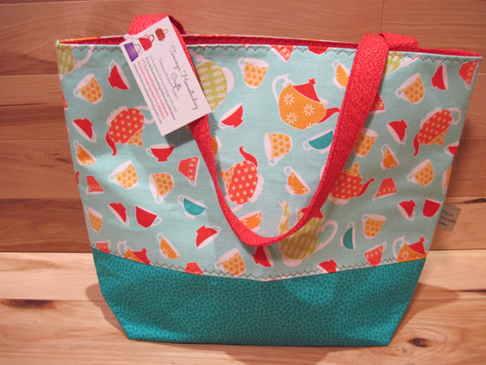 X-Large Tote Style Bag ~ Tea pots & tea cups w/ teal green & red sewn handles