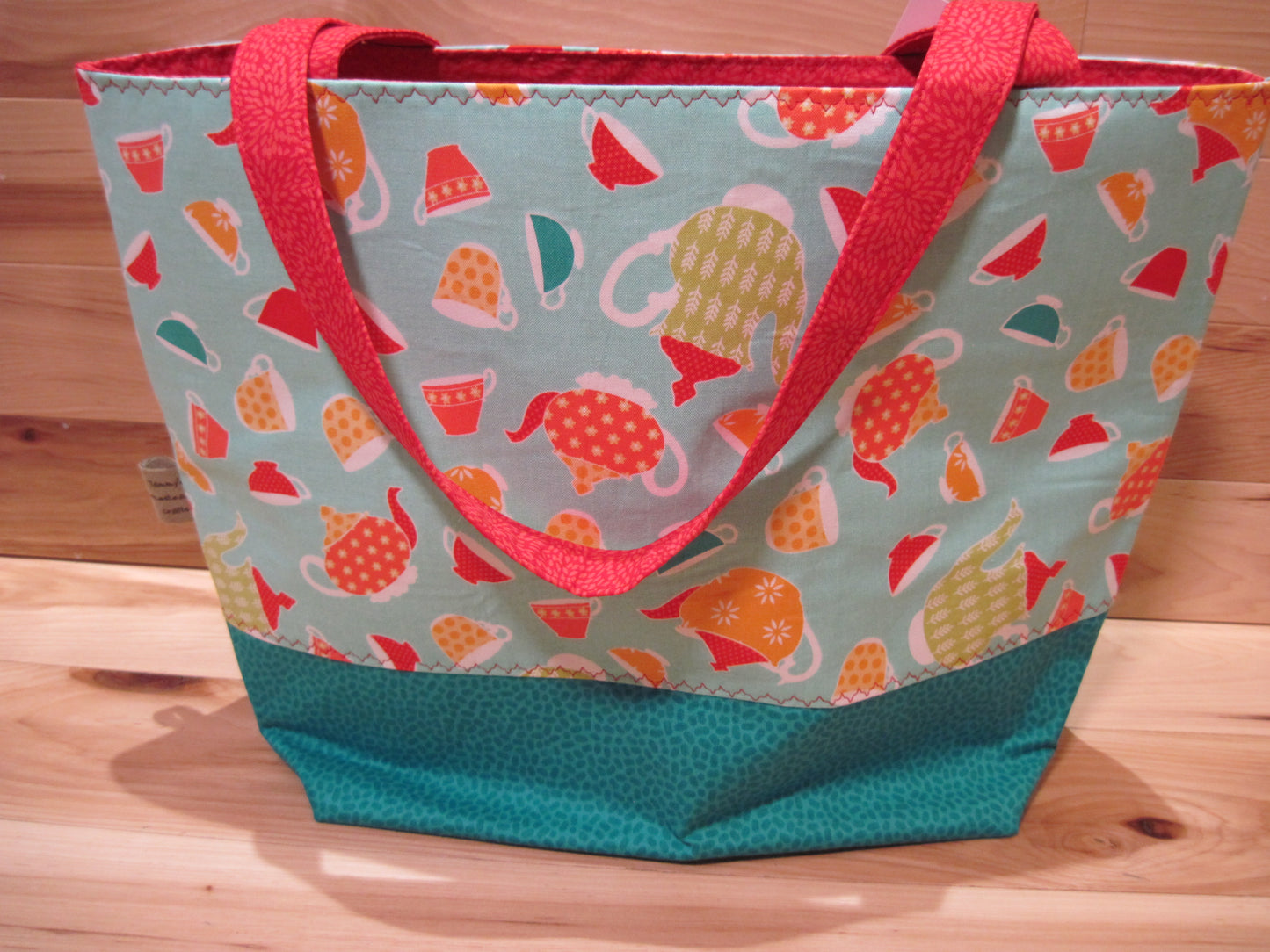 X-Large Tote Style Bag ~ Tea pots & tea cups w/ teal green & red sewn handles