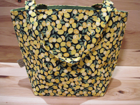 Large Tote Style Bag ~ Lemon w/green & sewn handles