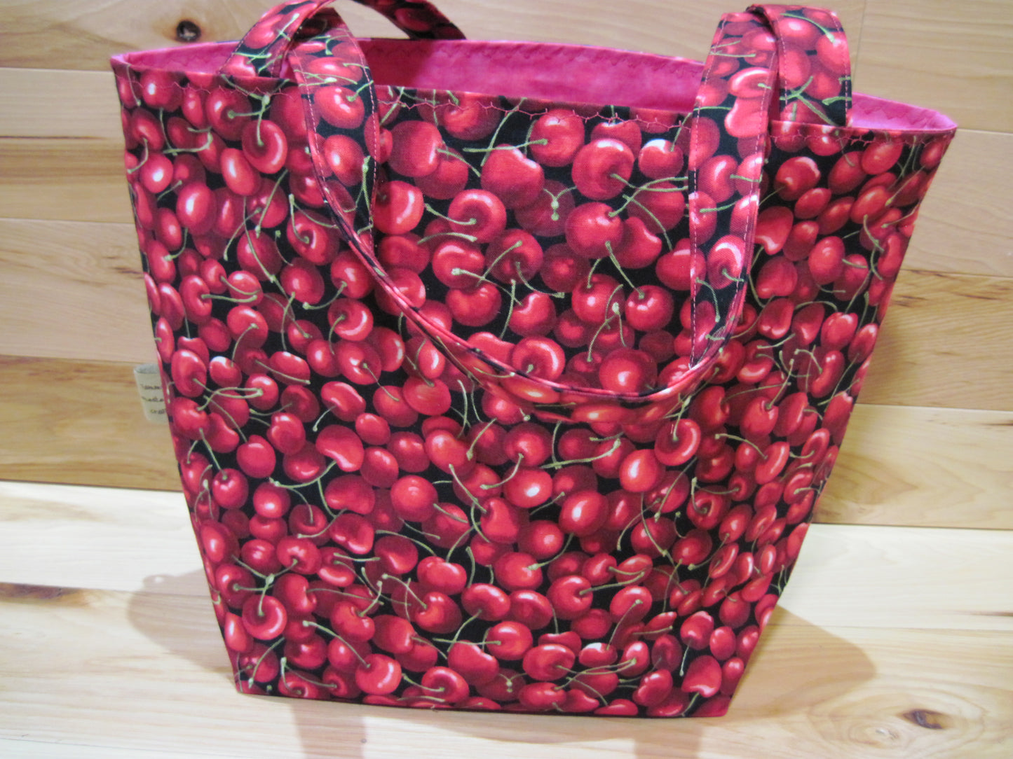 Large Tote Style Bag ~ Cherries w/ hot pink inside & sewn handles