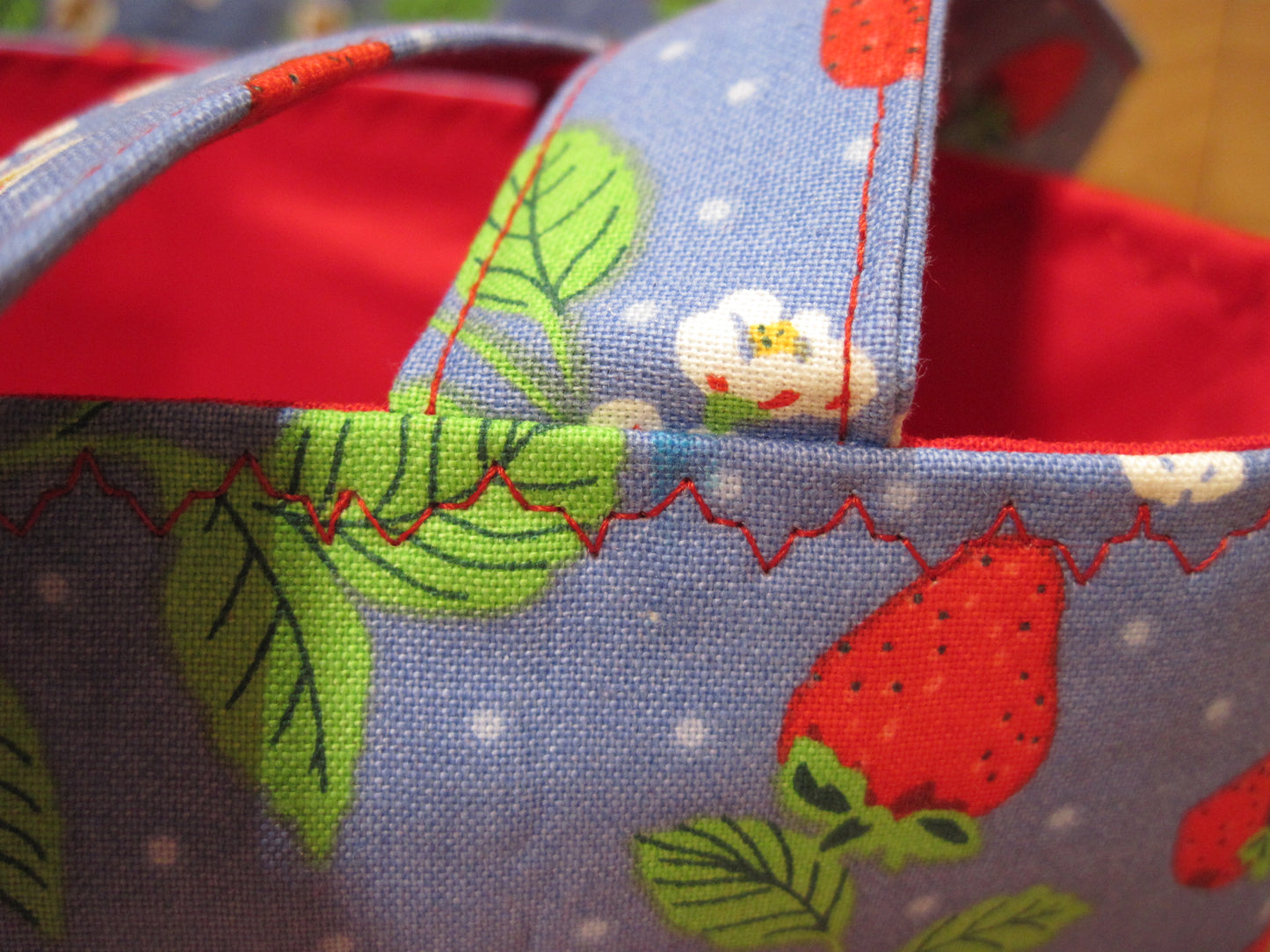 Large Tote Style Bag ~ Strawberries w/ red & sewn handles
