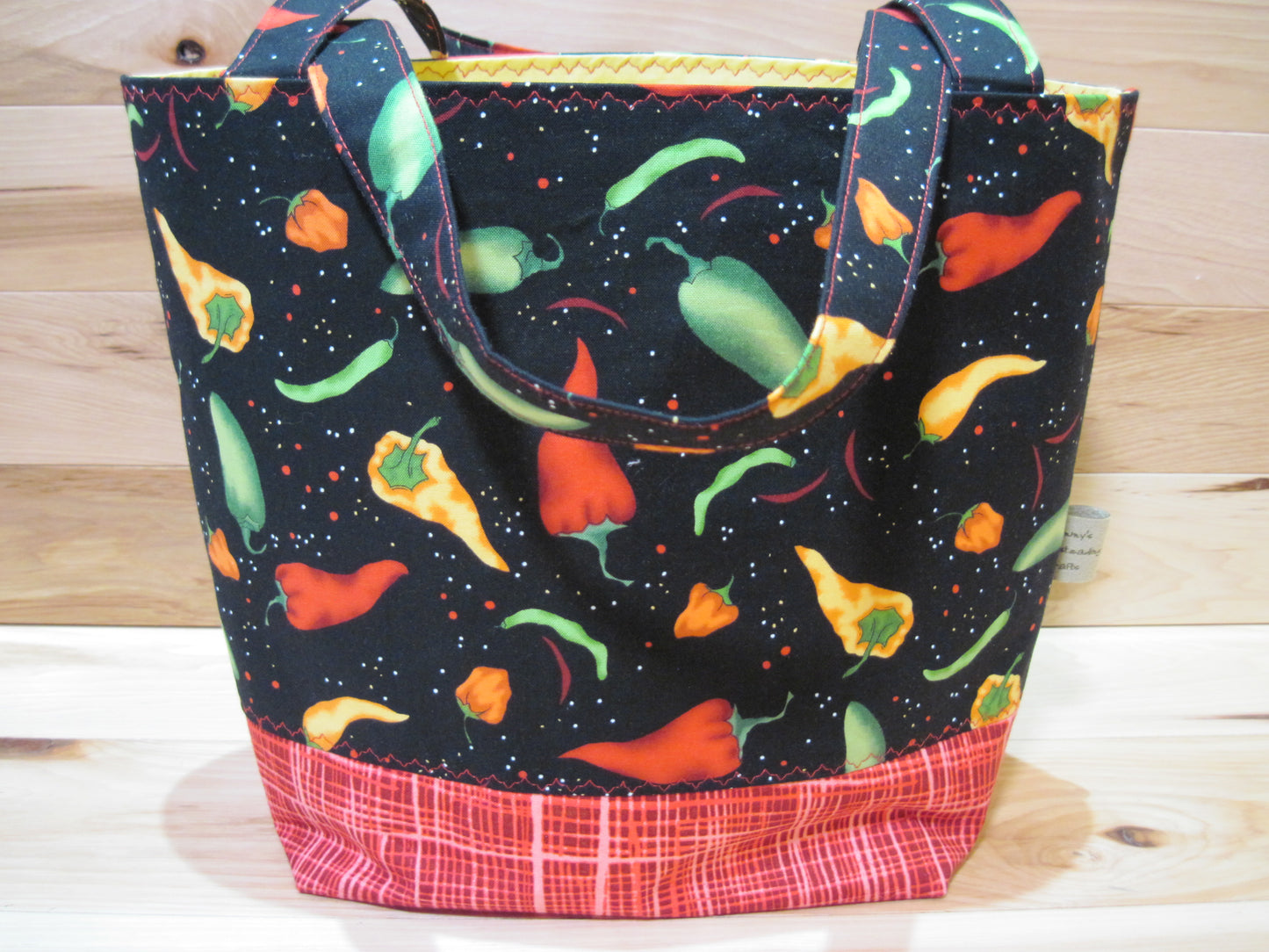 Large Tote Style Bag ~ Multicolored peppers w/ yellow inside & sewn handles