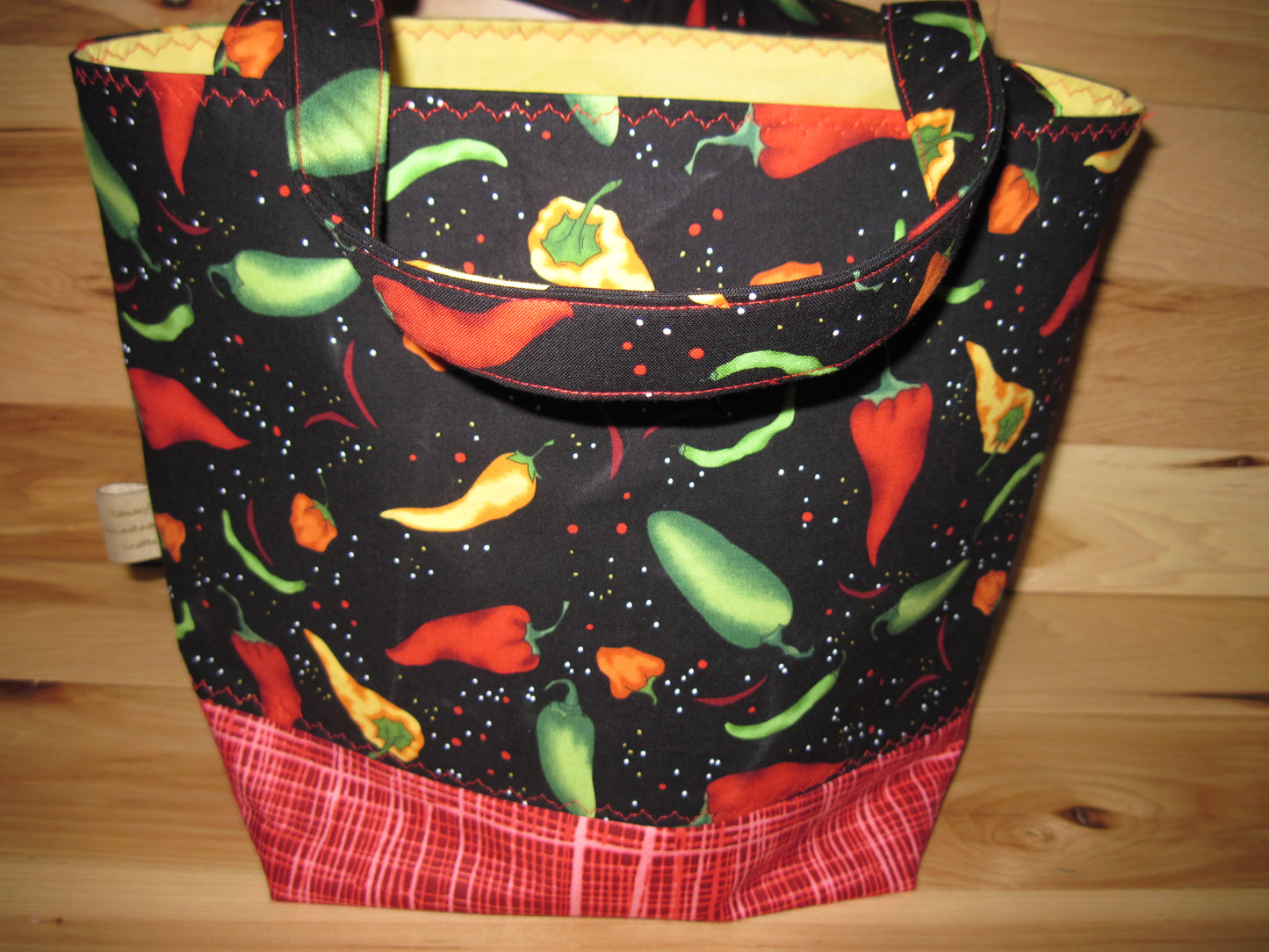 Large Tote Style Bag ~ Multicolored peppers w/ yellow inside & sewn handles