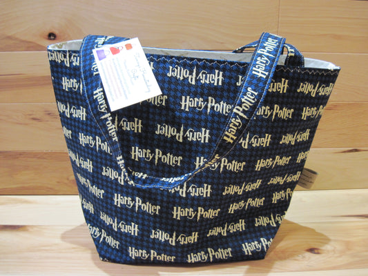 Large Tote Style Bag ~ Blue w/ black checked & sewn handles