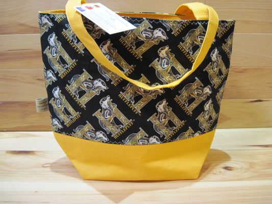 Large Tote Style Bag ~ Hufflepuff "H" w/ badger & yellow gold & sewn handles