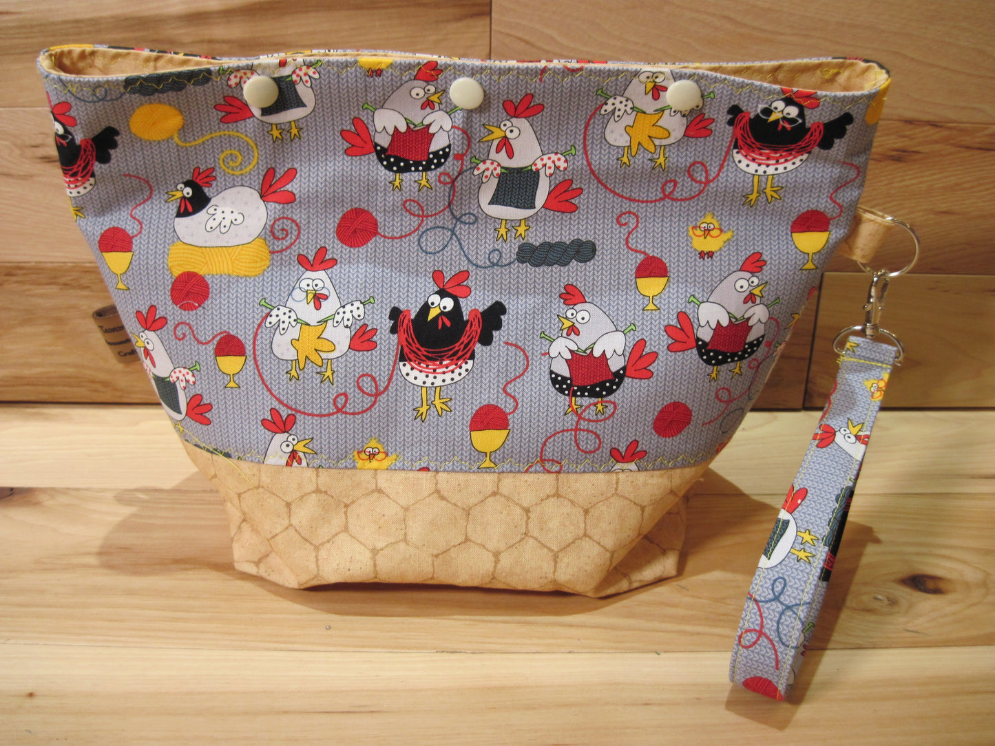Knitting Chickens w/ yellow chicken wire fabric project bags
