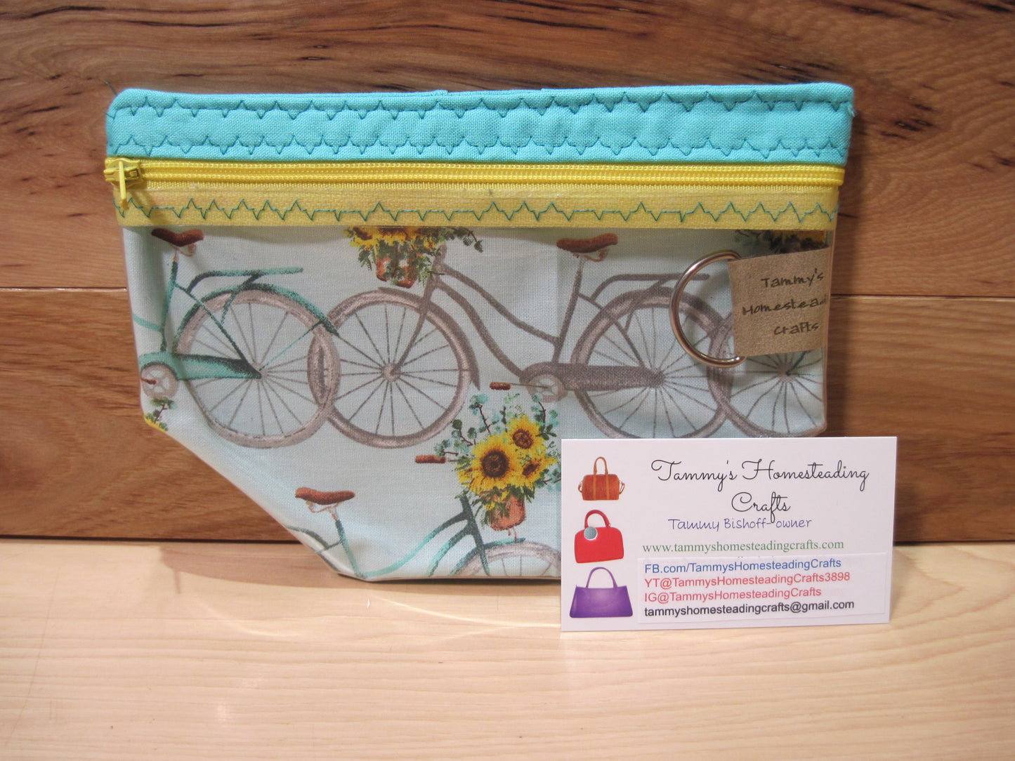 Notions Bag~ Bicycle w/ daisies, Aqua & yellow zipper