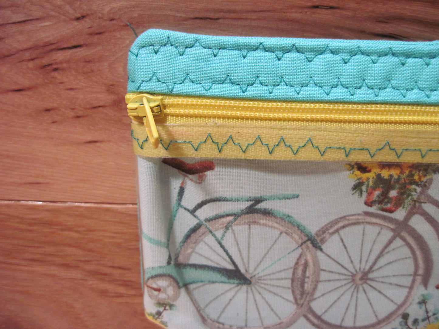 Notions Bag~ Bicycle w/ daisies, Aqua & yellow zipper