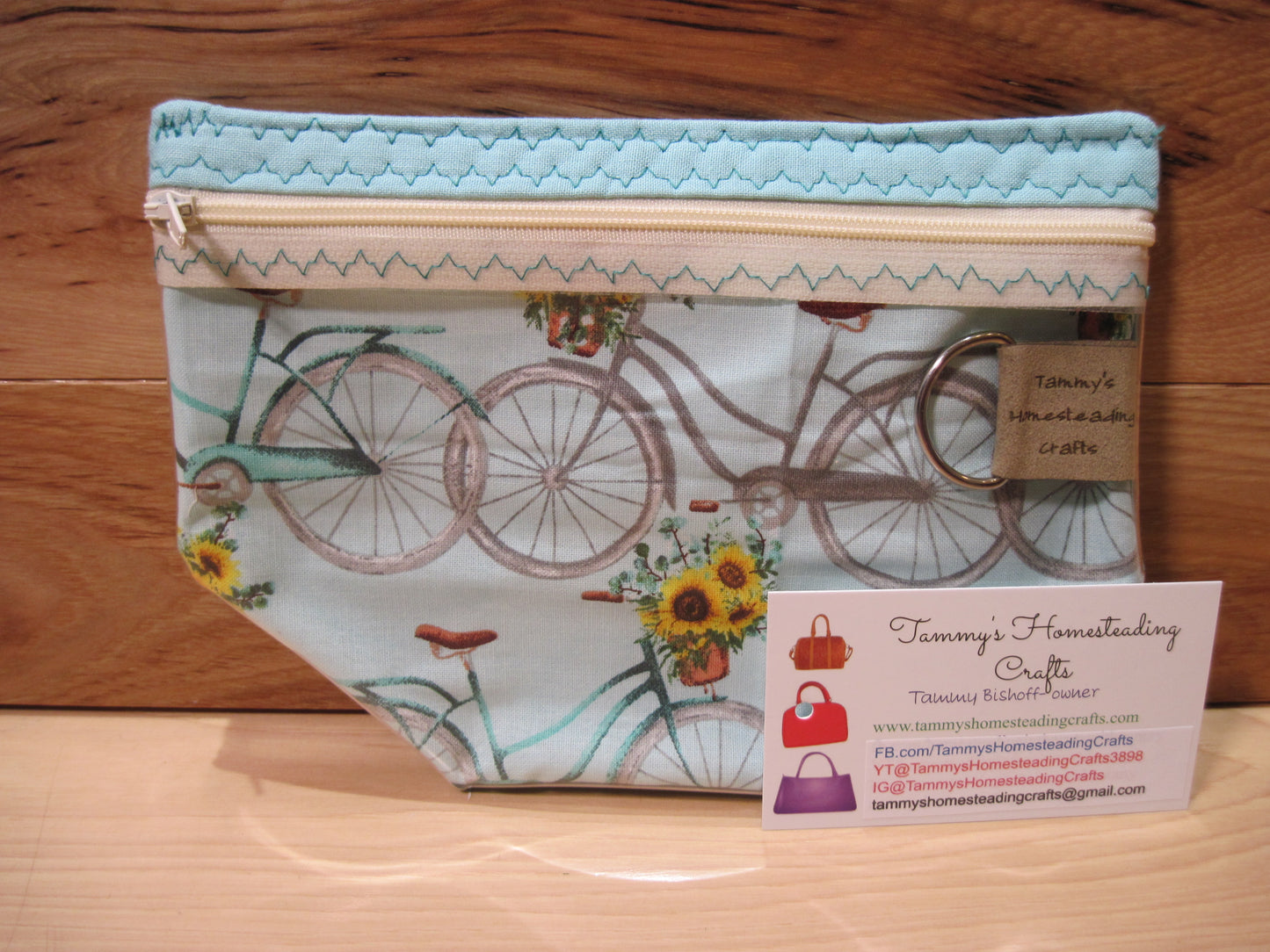 Notions Bag ~ Bicycle w/ daisies, light aqua, cream zipper