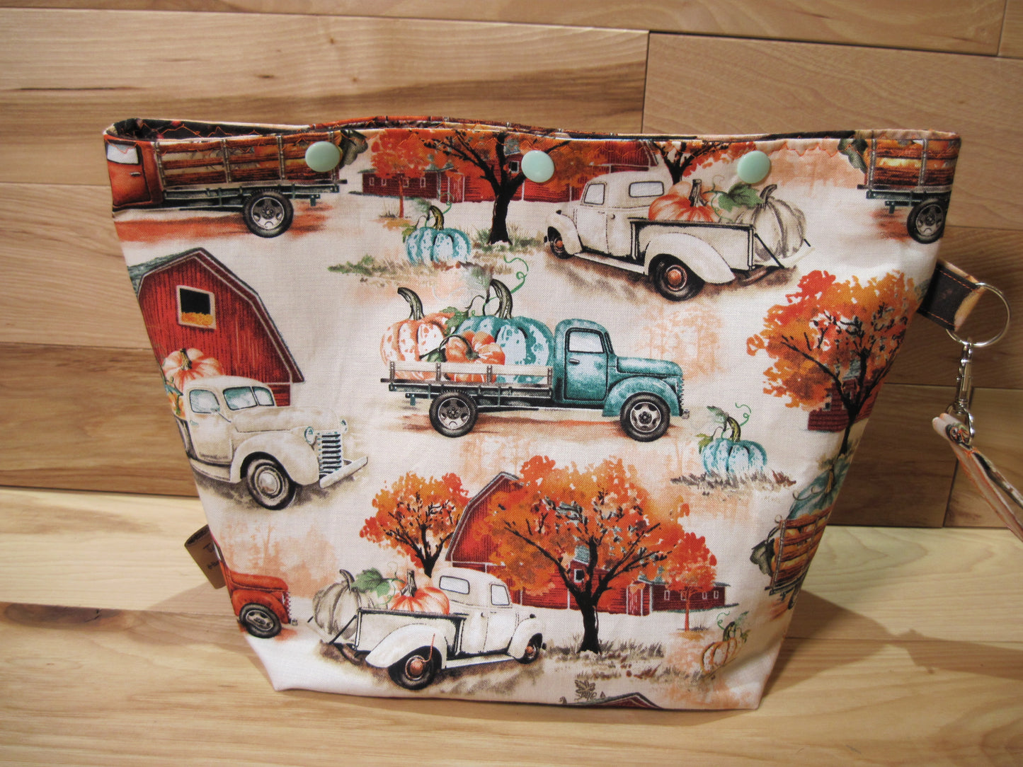 Medium Antique Trucks w/barn, trees, pumpkins & snaps project bag