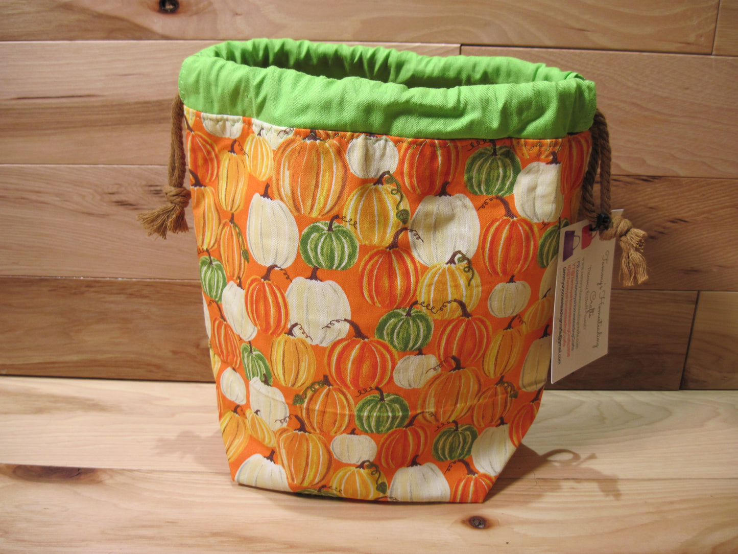 Small Drawstring ~ Pumpkin w/ plaid project bag