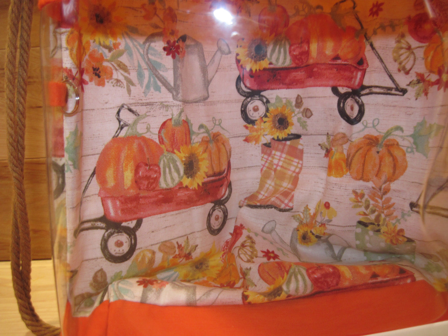 Medium Window Drawstring ~ Wagon w/ pumpkins ~ orang & yellow project bag