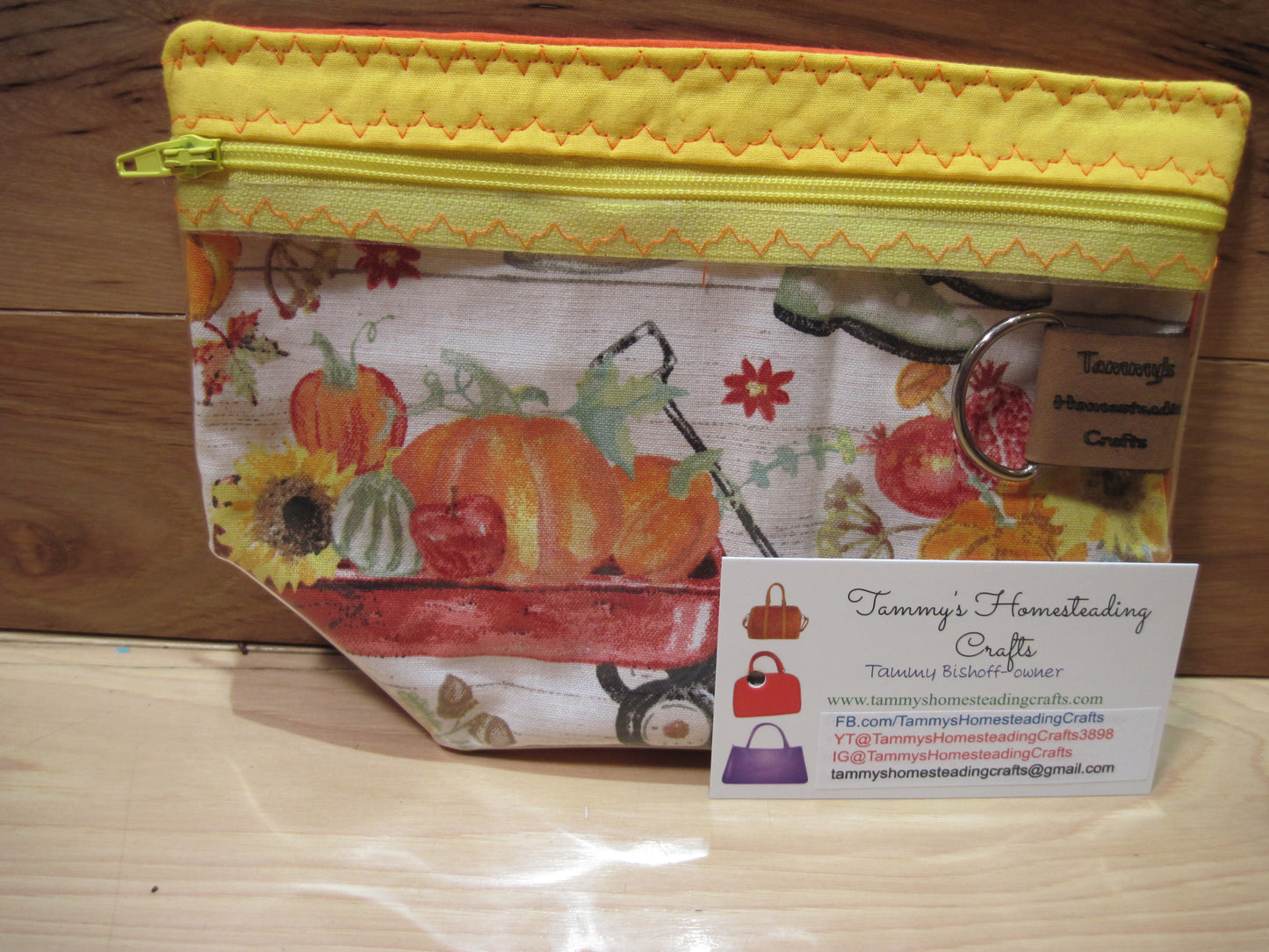 Notion's Bag ~ w/ red wagon & pumpkins, yellow & orange & zipper