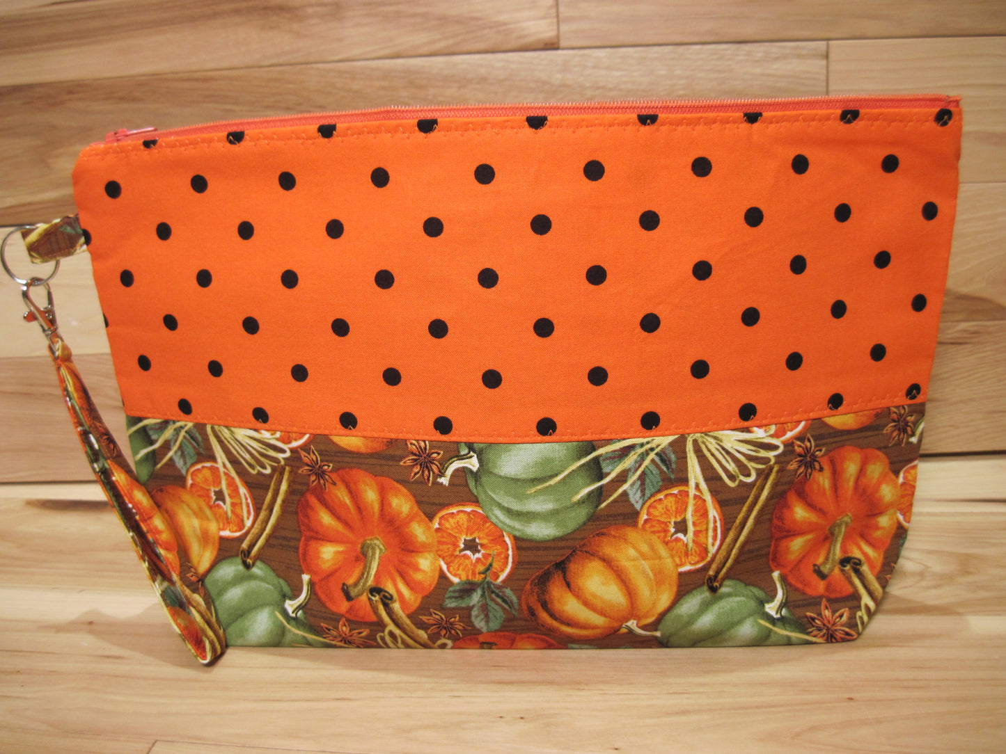 Large Project Bag Orange with Black Polka Dots and Pumpkins