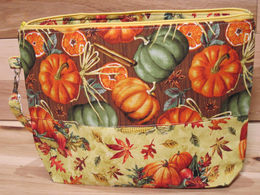 Medium Pumpkin & Leaves with inside pocket project bag
