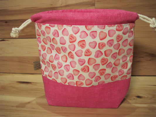 Medium Drawstring Valentine's Conversation Hearts w/ hot pink project bag
