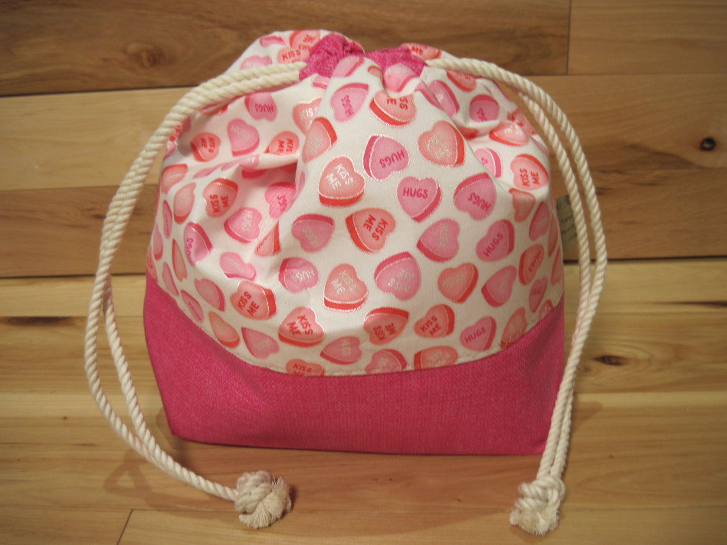 Medium Drawstring Valentine's Conversation Hearts w/ hot pink project bag
