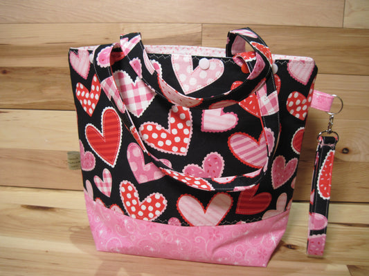 Large Valentine's Day Hearts w/ pink, snaps & removable handles project bag