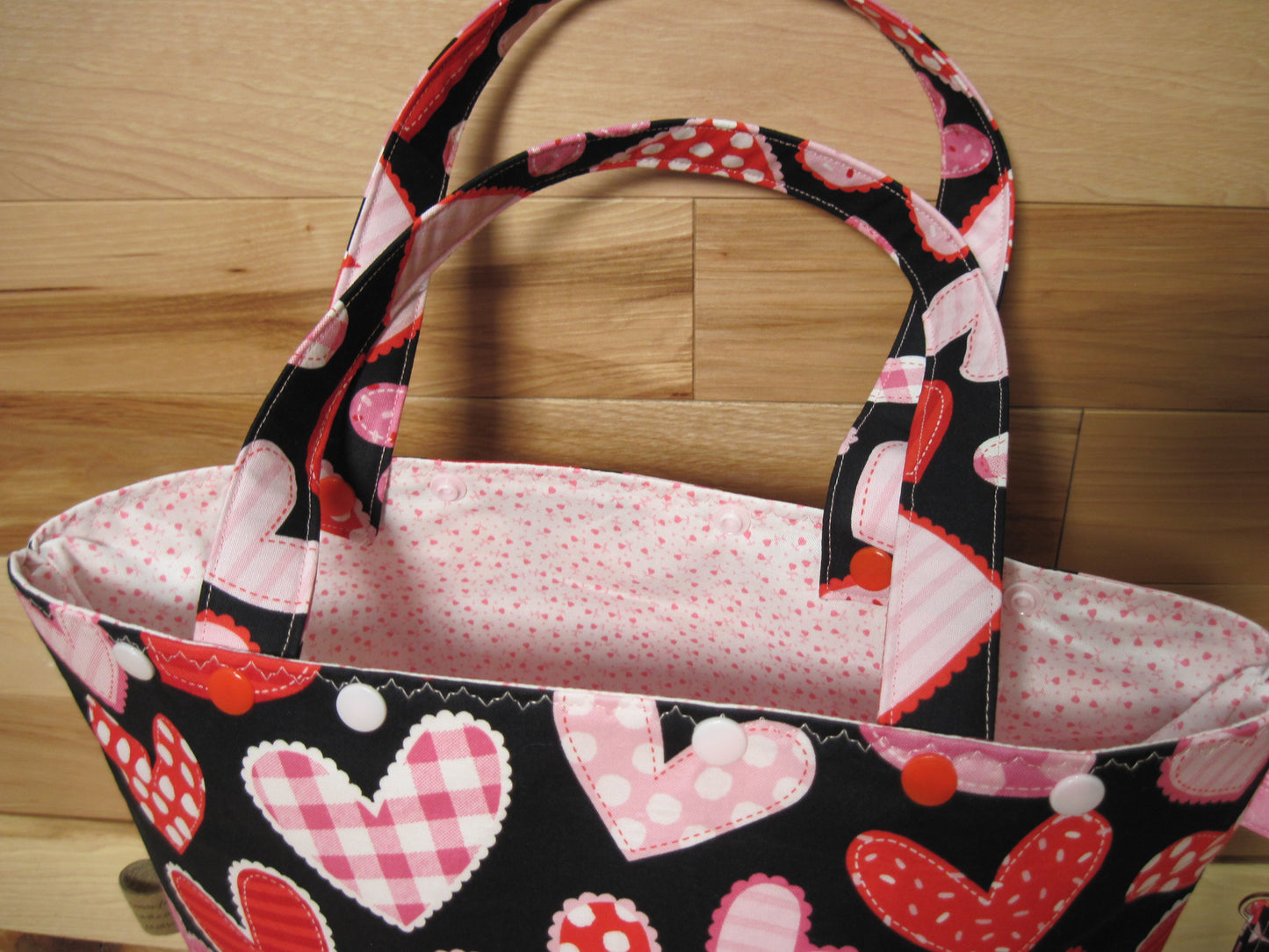 Large Valentine's Day Hearts w/ pink, snaps & removable handles project bag