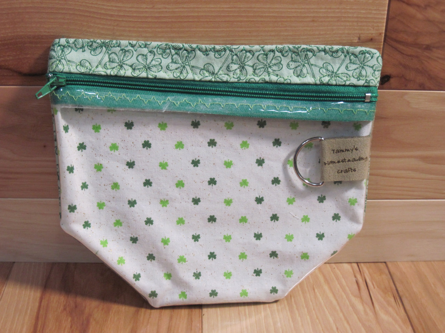 St. Patty's Day Notions Bag w/ white & green tiny Shamrocks/ green zipper